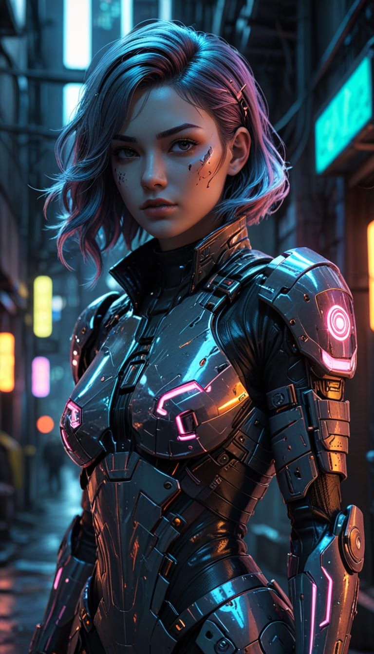 Cyberpunk Ghost Girl in Neon Alleyway