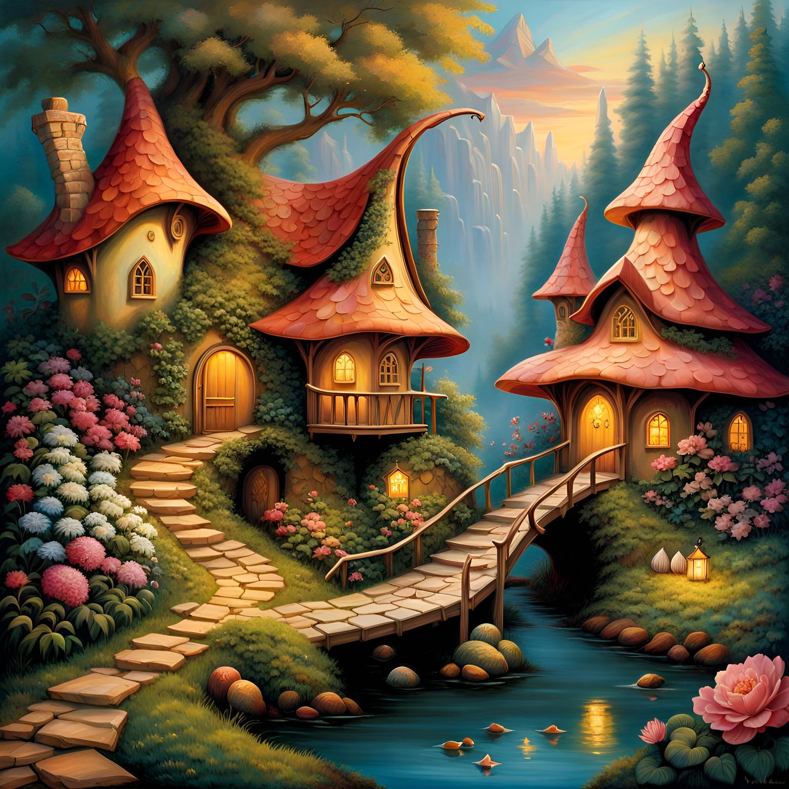 Enchanted Fairy Village in Forest, Hyperrealistic Photograph...