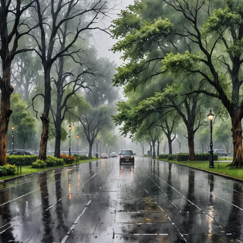 City Park in Rain: Hyperrealistic Watercolor Painting