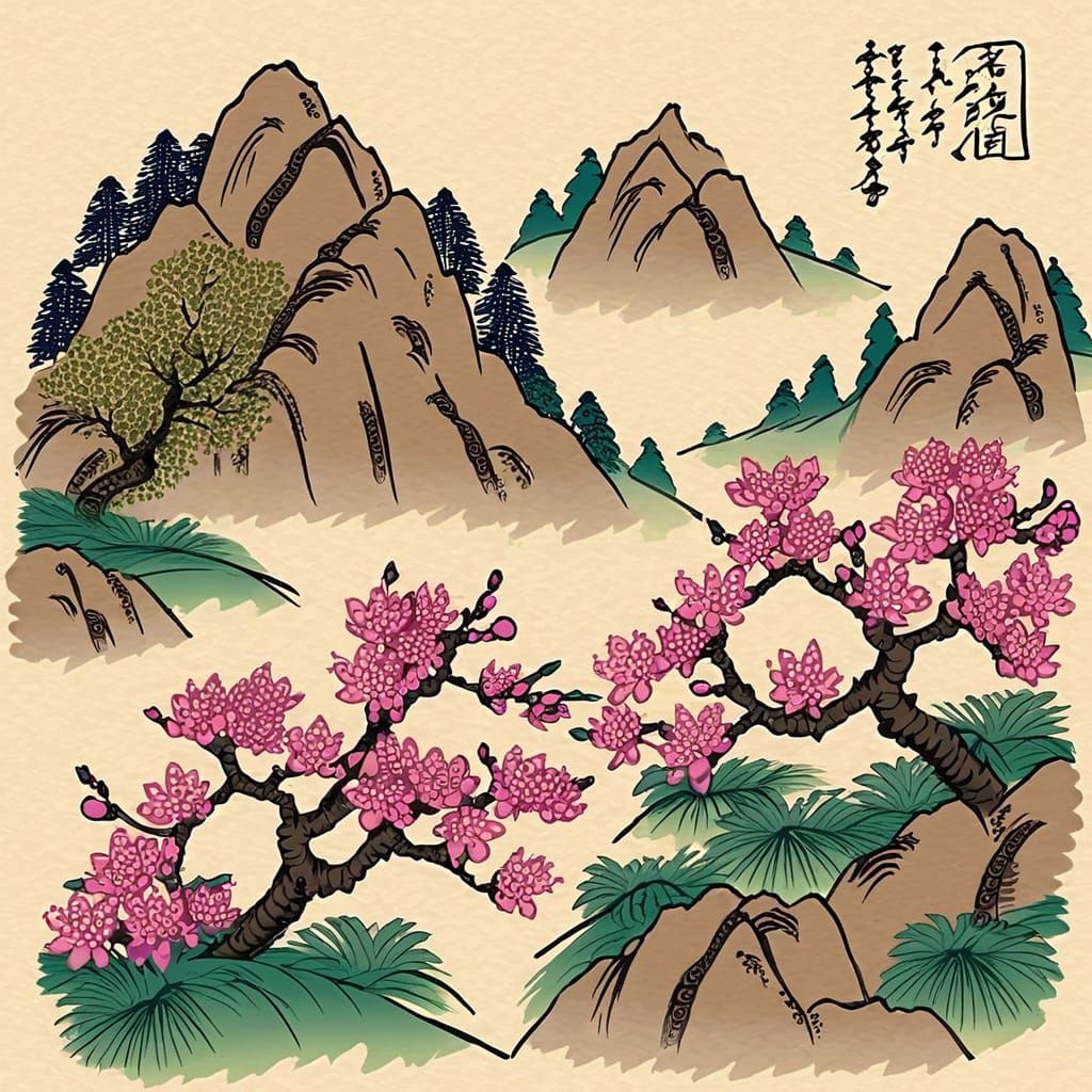 Japanese Landscape with Plum Blossoms and Majestic Mountain