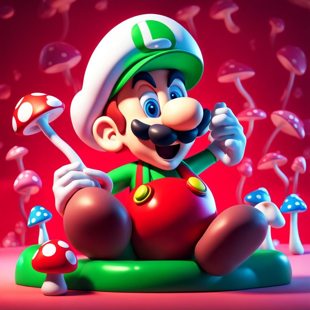 Luigi Mario's Psychedelic Mushroom Trip: 3D Digital Art