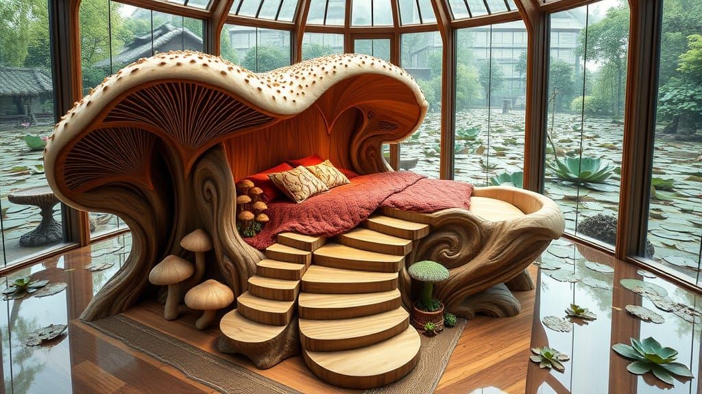 Mushroom-Shaped Wooden Bed in a Luxurious Waterfront Room