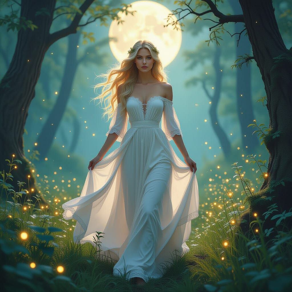 Ethereal Woman in Mystical Forest: Pre-Raphaelite Style