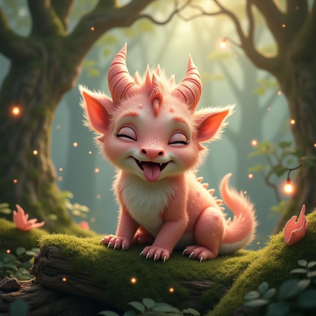 Adorable Baby Dragon Laughing in Fairy Forest