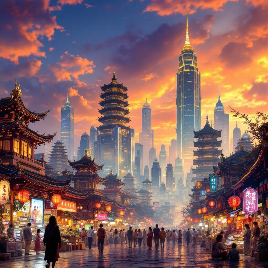 Vibrant Asian Cityscape Fusion of Old and New at Dusk