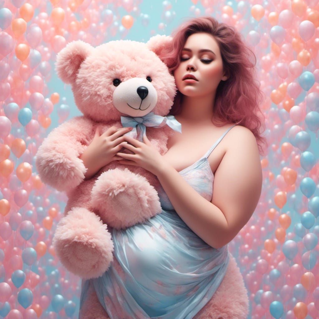 Plus Size Woman with Teddy Bear in Pastel Colors