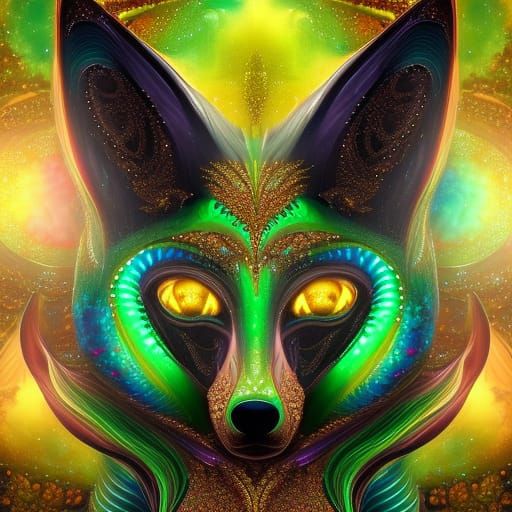 Neon Alien Fox Spirit in Fractal Art Style