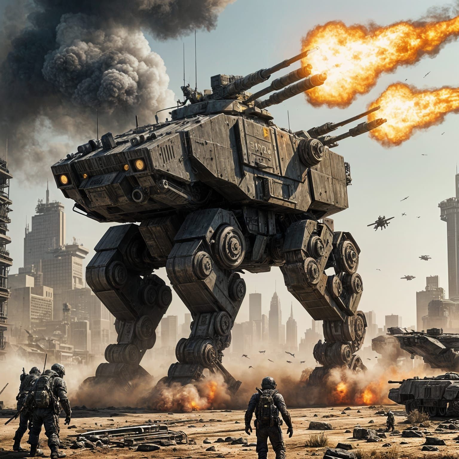 Giant Walking Tank in Epic Sci-Fi War Scene