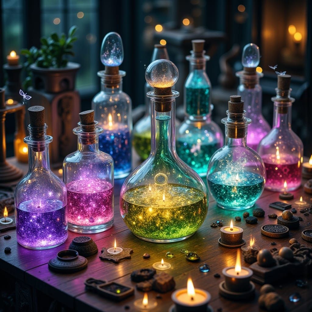 Enchanting Alchemist Table with Magical Potions