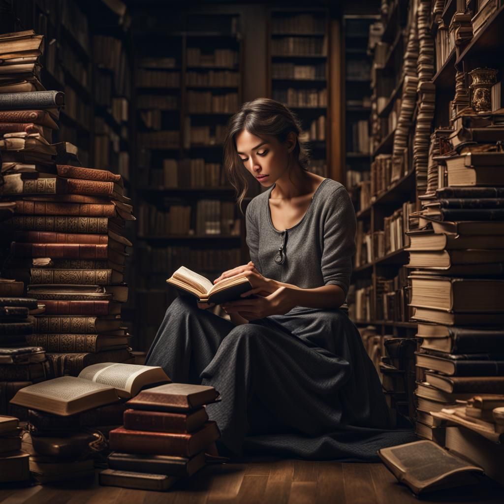 Woman Reading Among Piles of Books