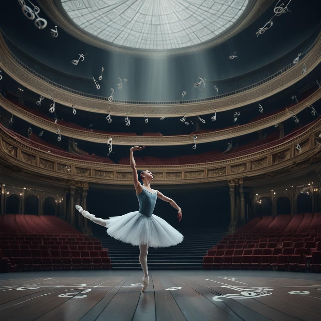 Ballerina in Opulent Theatre, Treble Clef Gown Shining Under...