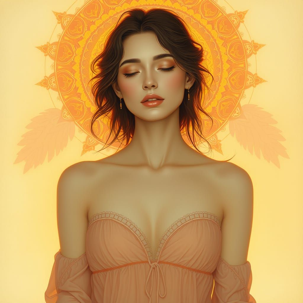 Serene Woman in Golden Light, Art Nouveau Style