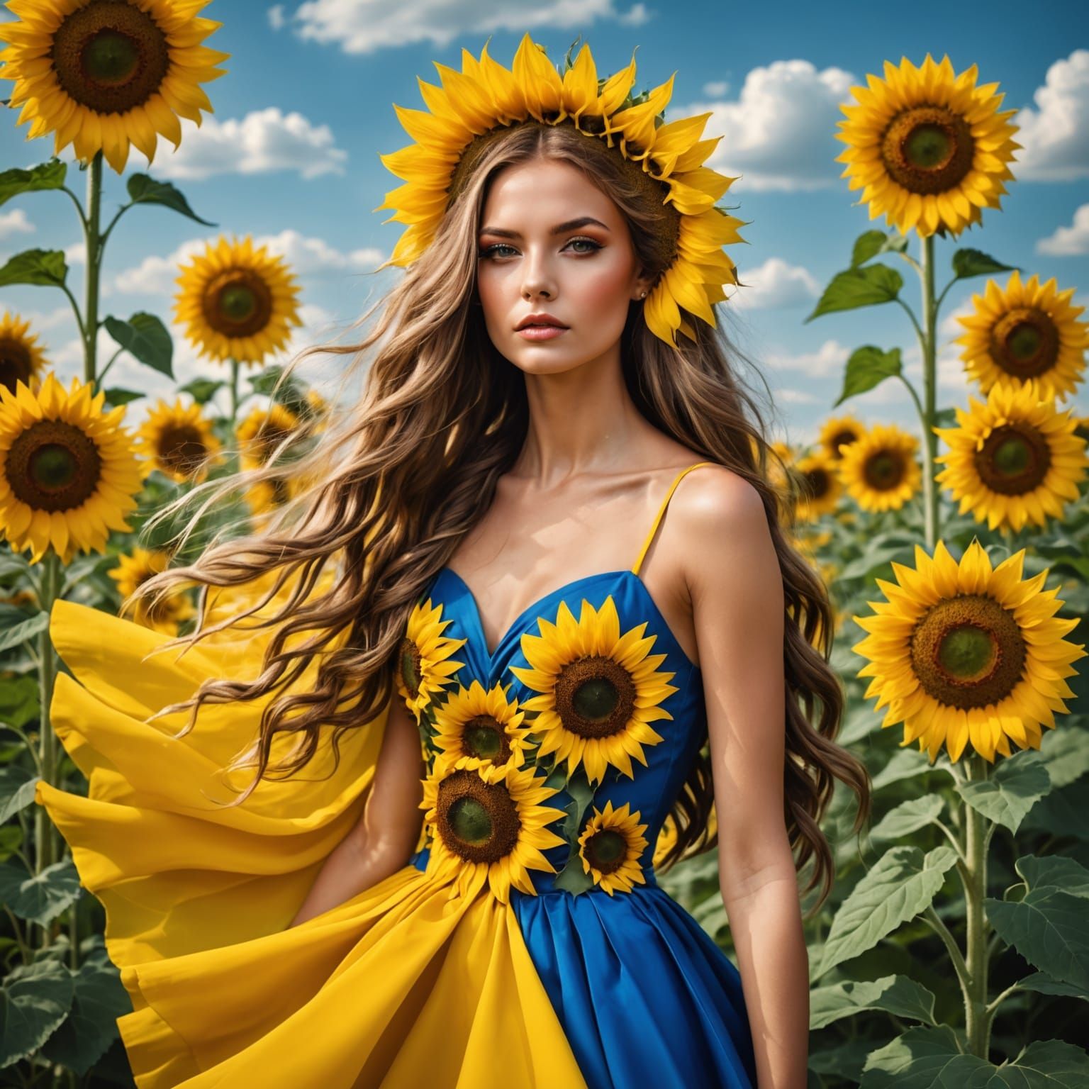 Avant-Garde Fashion Model with Sunflower Accents