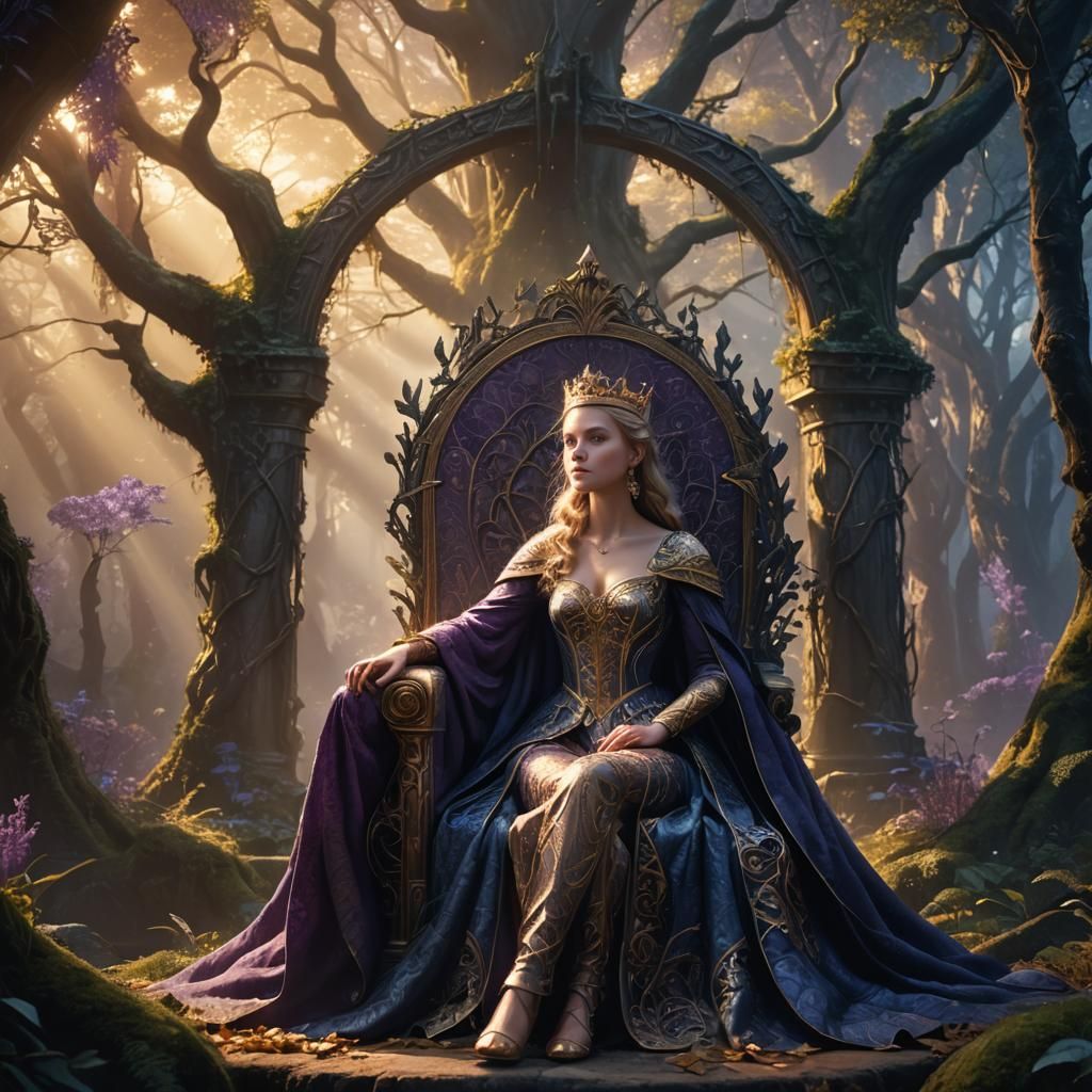 Fantasy Princess on Forest Throne: Detailed Matte Painting