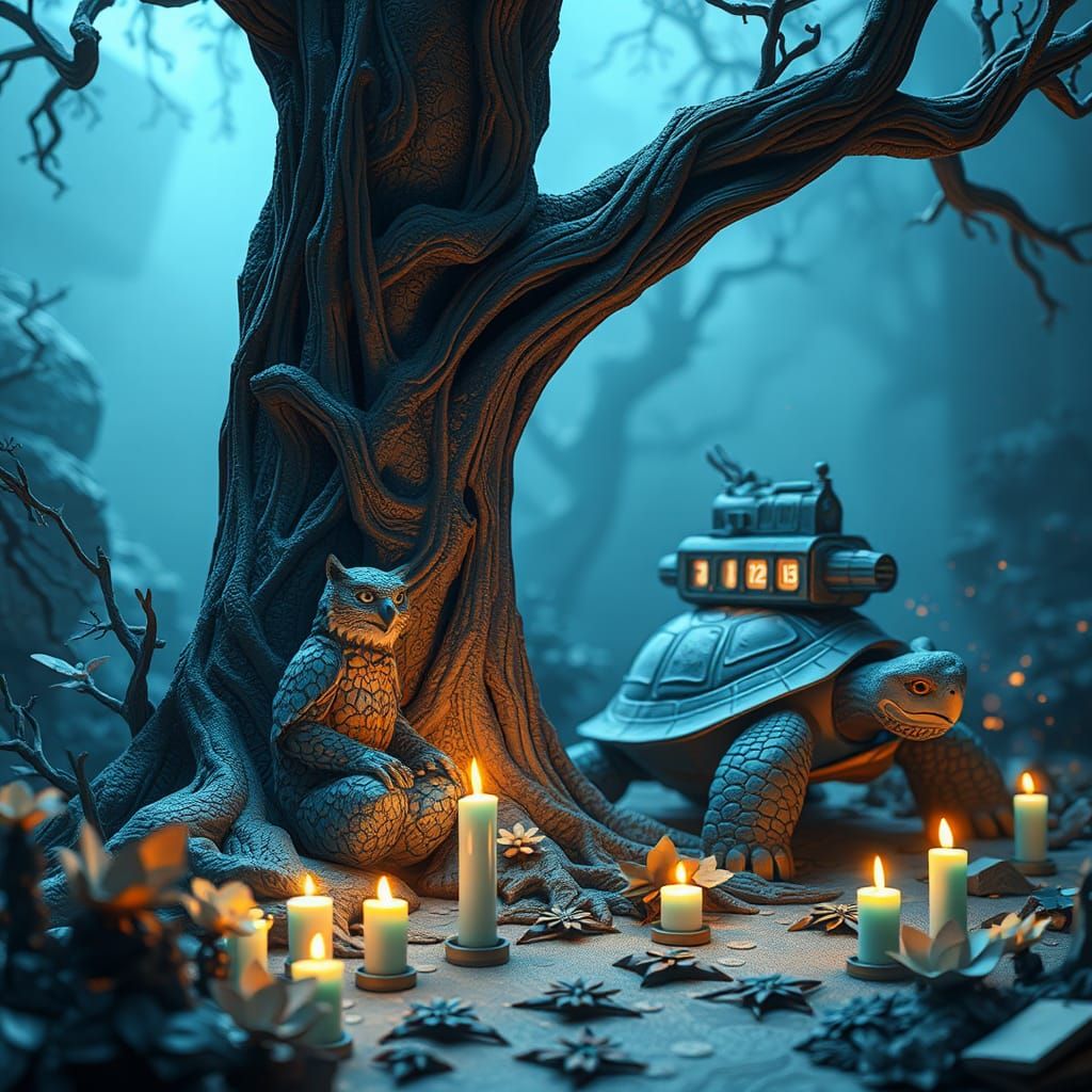 Mystical Owl-Leopard Deity in Dreamlike Papercraft World