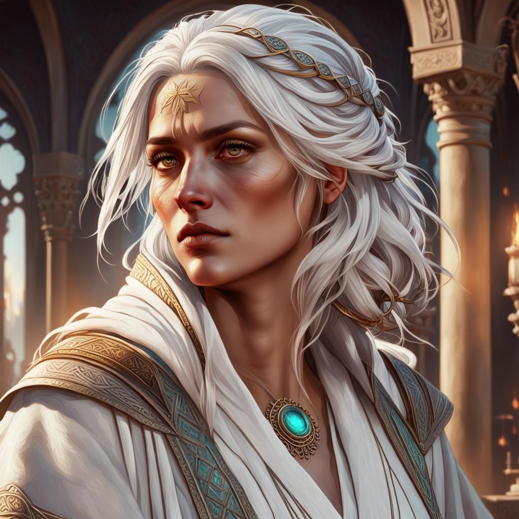 White Haired Woman Portrait by Rutkowski, Artgerm, and Mucha