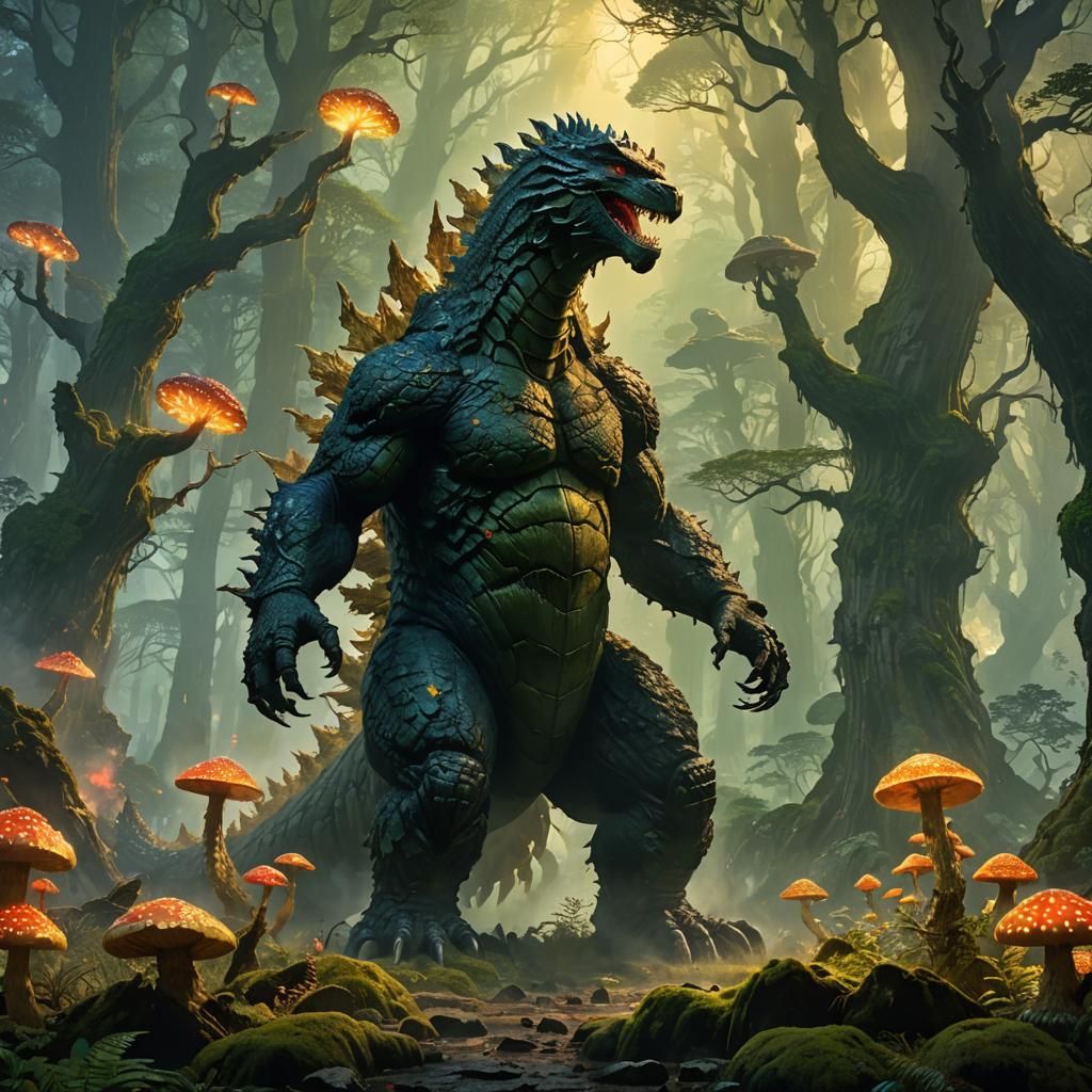 Godzilla and Shimu Merge in Fantasy Forest