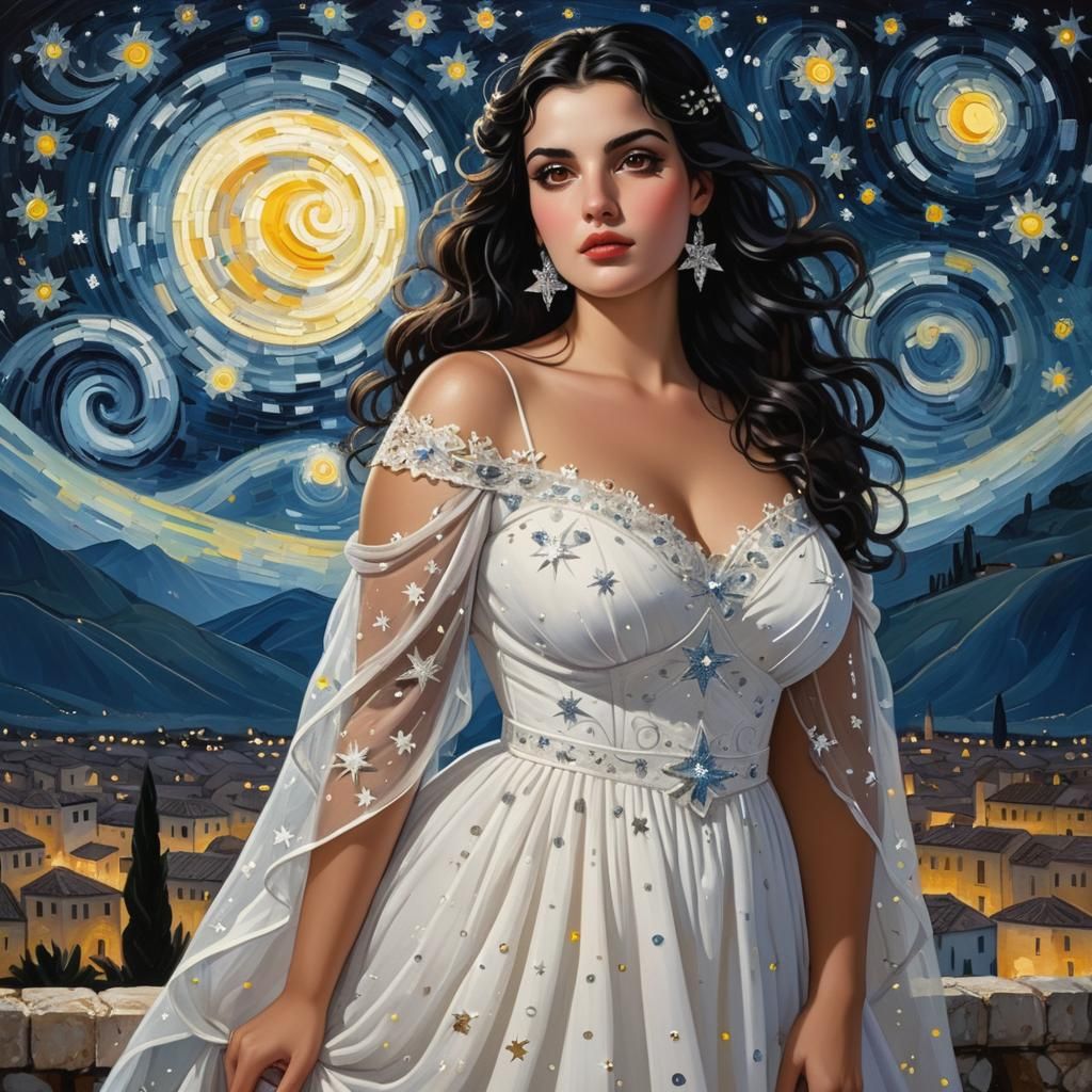 Sardinian Girl in White Gown Under Starry Night
