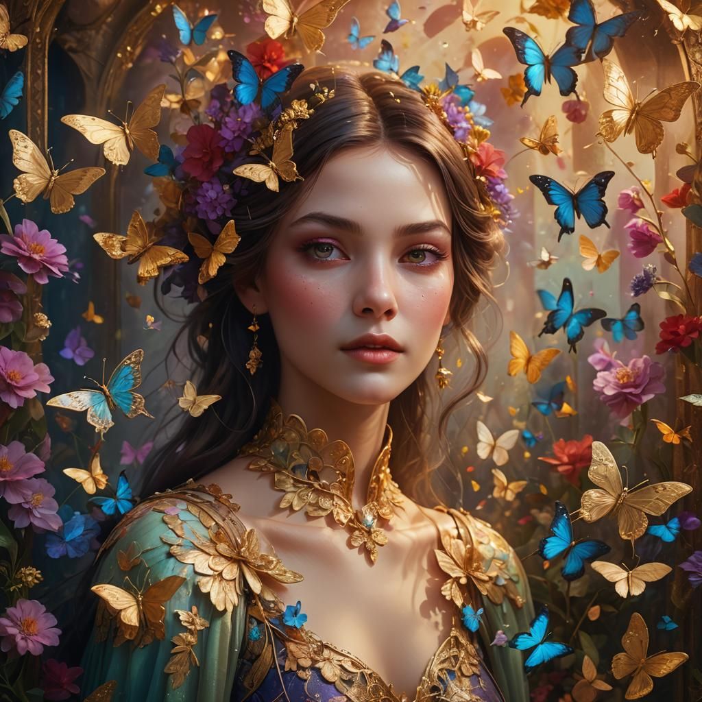 Portrait of Woman with Butterflies in Oil Painting Style