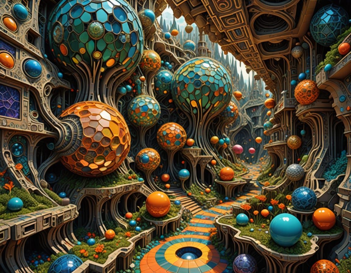 Surreal Geometric Mosaic in Hyperrealistic Style