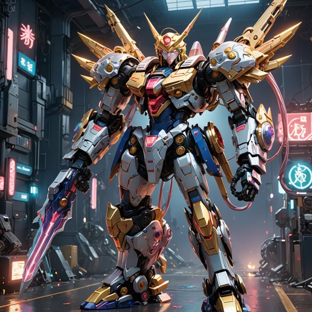 Heroic Anime Robot with Magic Staff in 3D