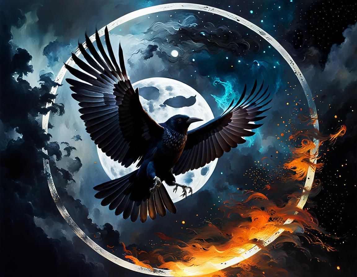 Dramatic Crow in Flight at Night