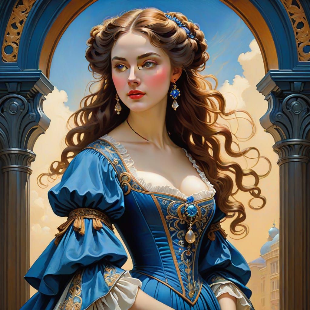 17th Century Girl in Blue Dress, Art Nouveau Concept