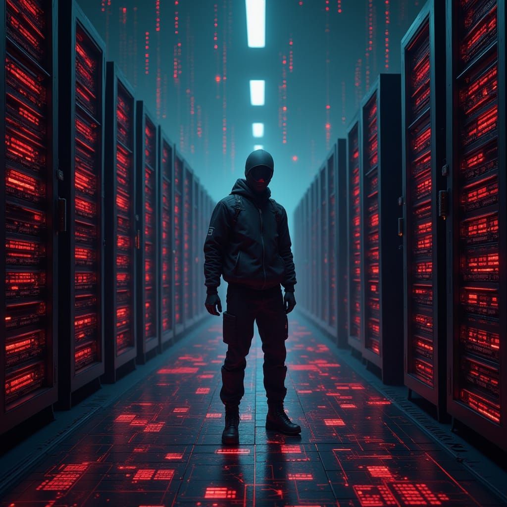 Cyber Warrior in Neon Server Room