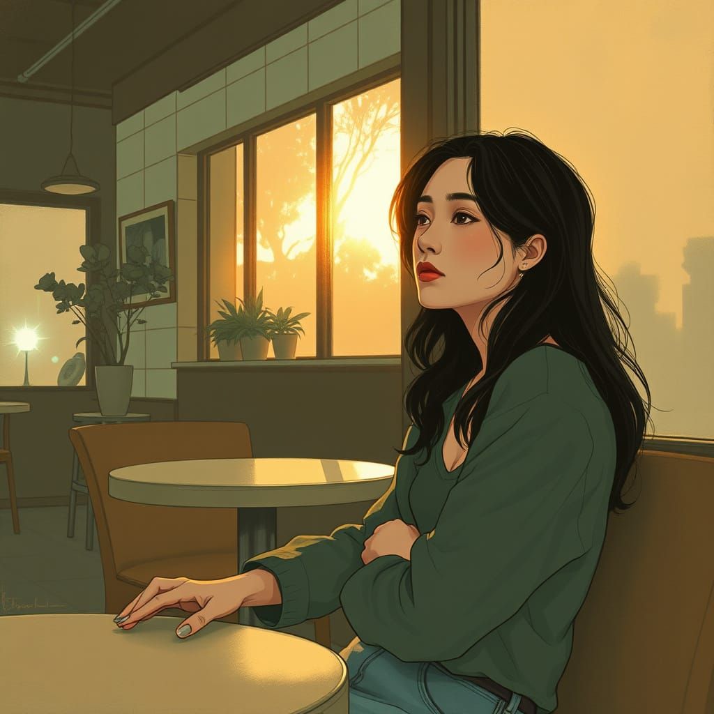 Pensive Woman in Coffee Shop: Atmospheric Art