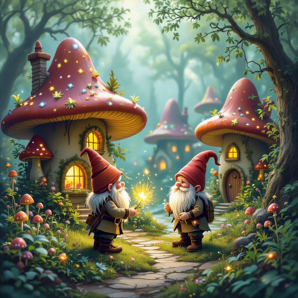 Gnome Village in Bioluminescent Forest, Painterly Style