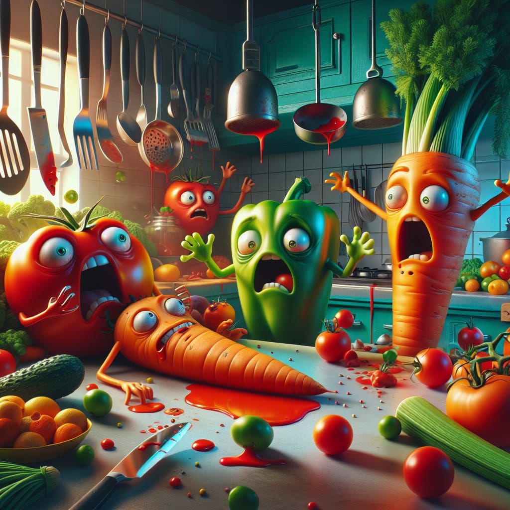 Comical Kitchen Scene with Living Fruits and Vegetables