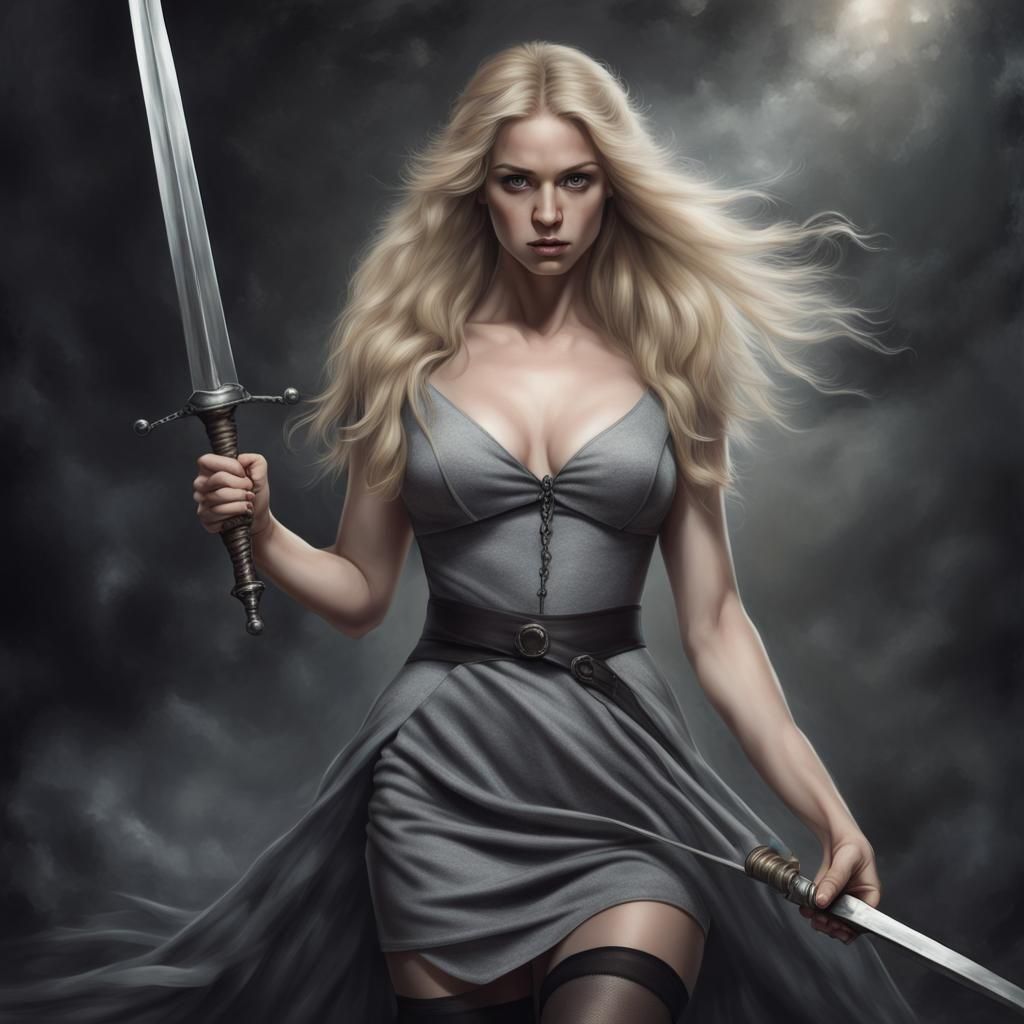 Blonde Woman Warrior with Swords in Dark Fantasy Style
