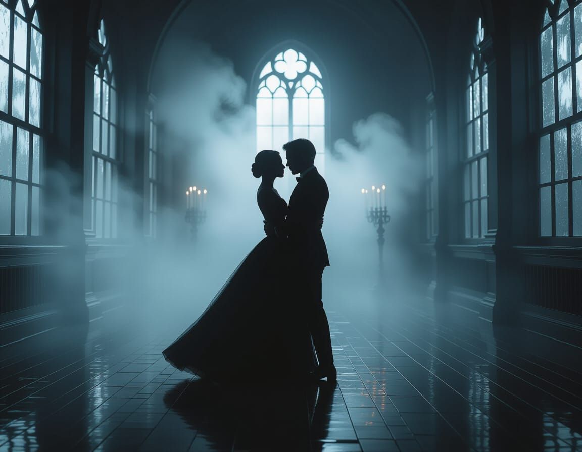 Silhouette Dancers Waltz in Gothic Ballroom