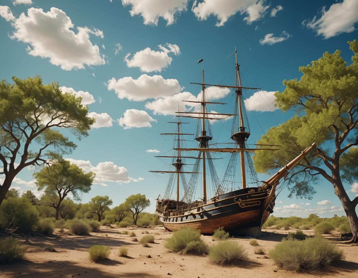 Desert Ship: Cinematic Film Still with Warm Hues