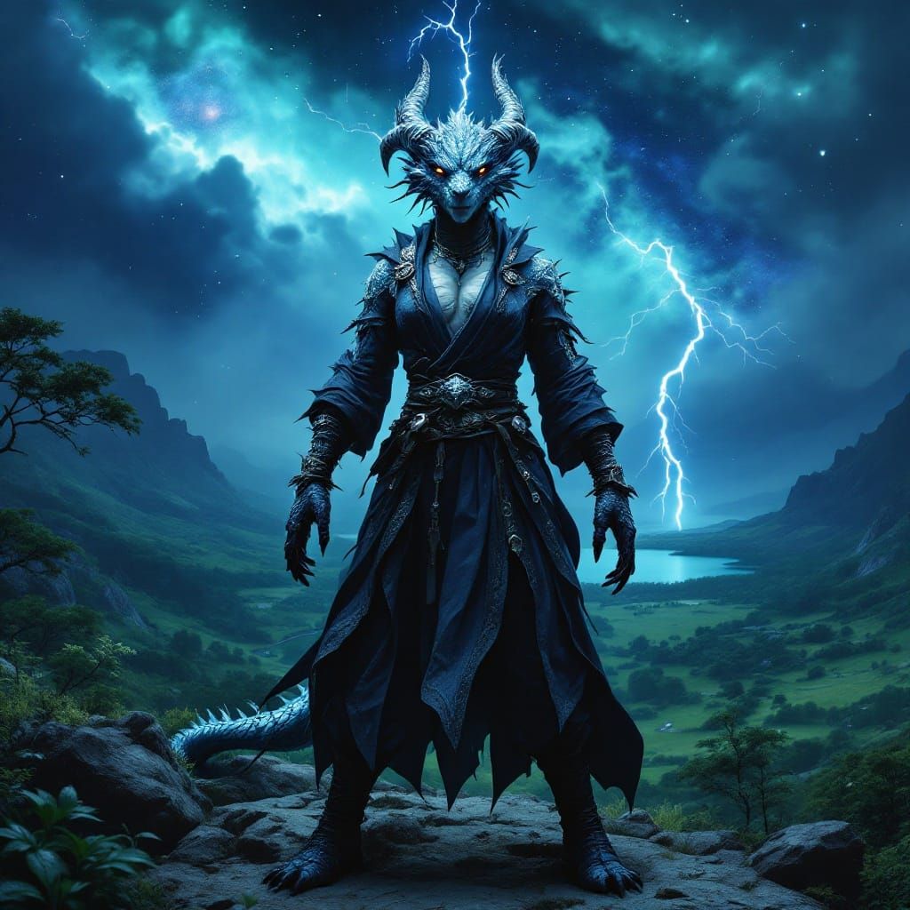 Ethereal Dragonborn Warrior Under Starry Night Sky