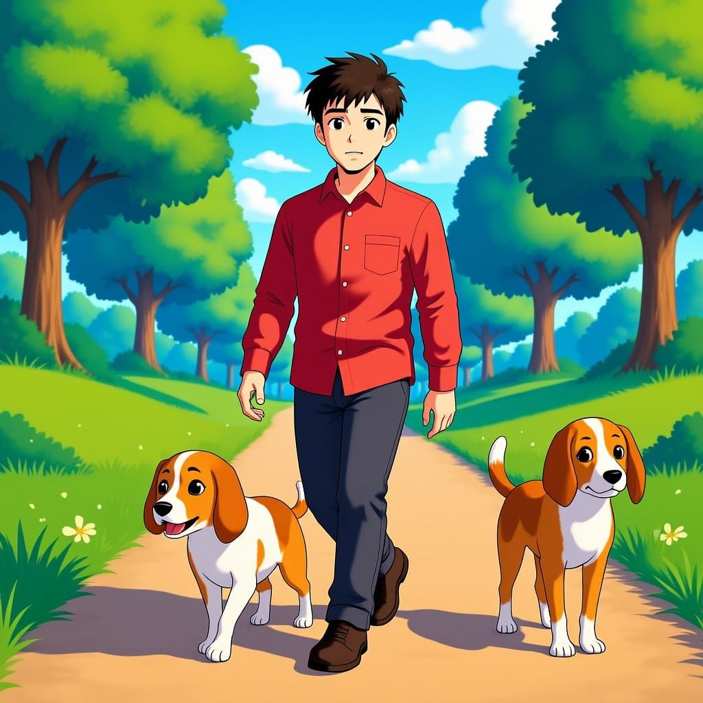 Tired Man Walking Dog in Cel-Shaded Cartoon Style