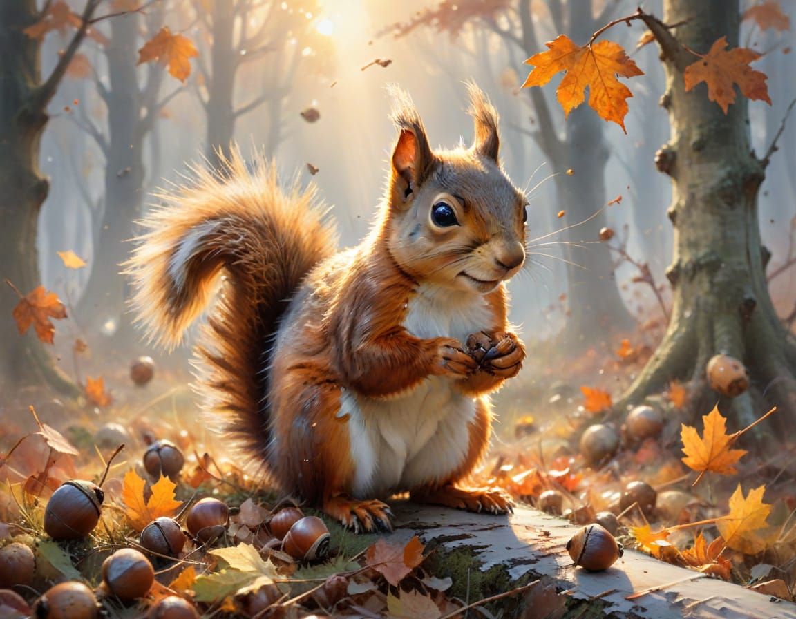 Squirrel Gathering Acorns in Autumn Fog, Watercolour Style