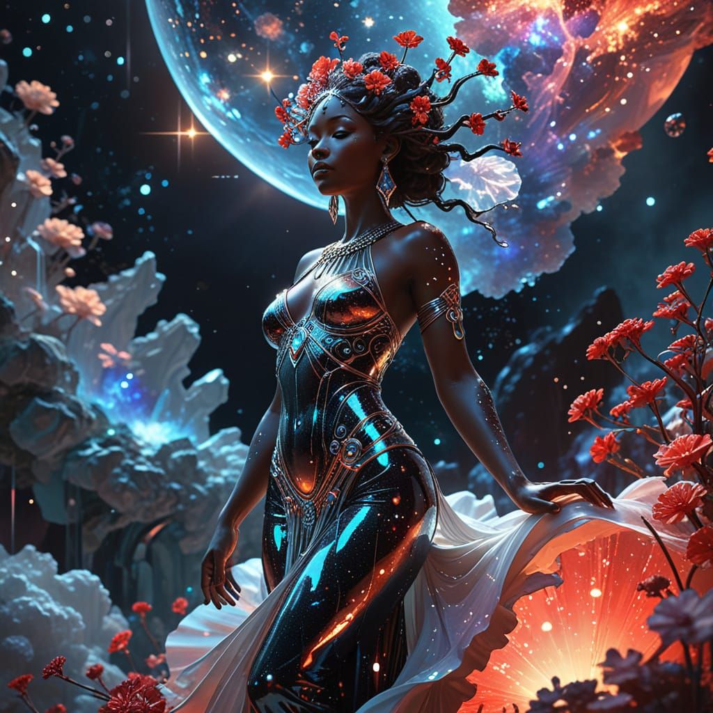 African Goddess on Floating Island in Art Nouveau Style