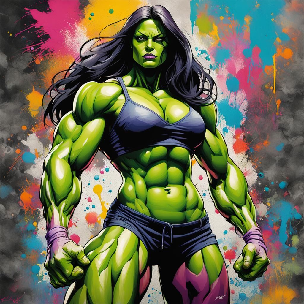 She-Hulk Flexing Muscles in Graffiti Art Style
