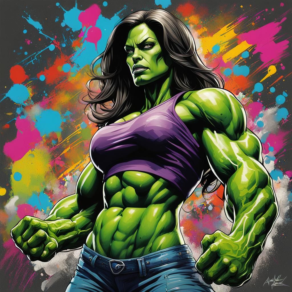 She-Hulk Flexing in Graffiti Street Art Style