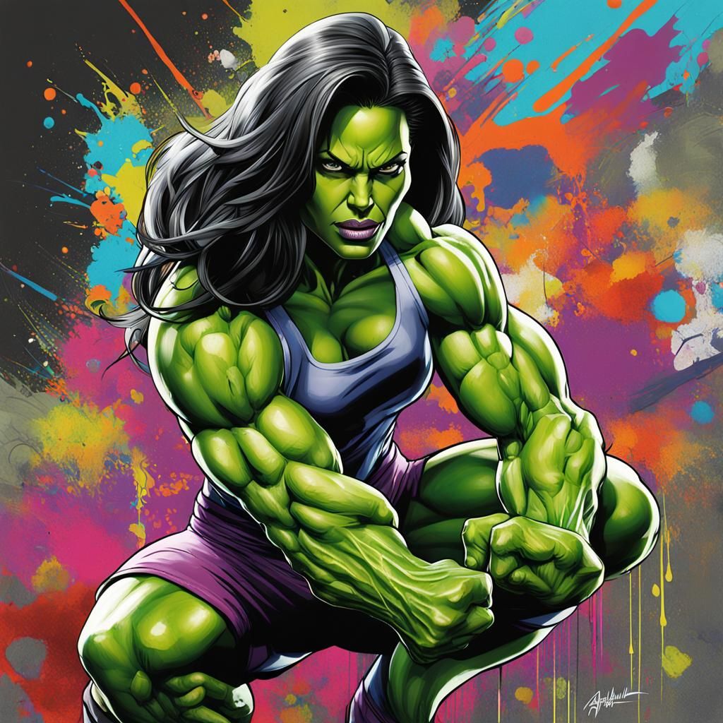 She-Hulk Flexing Biceps in Graffiti Art Style