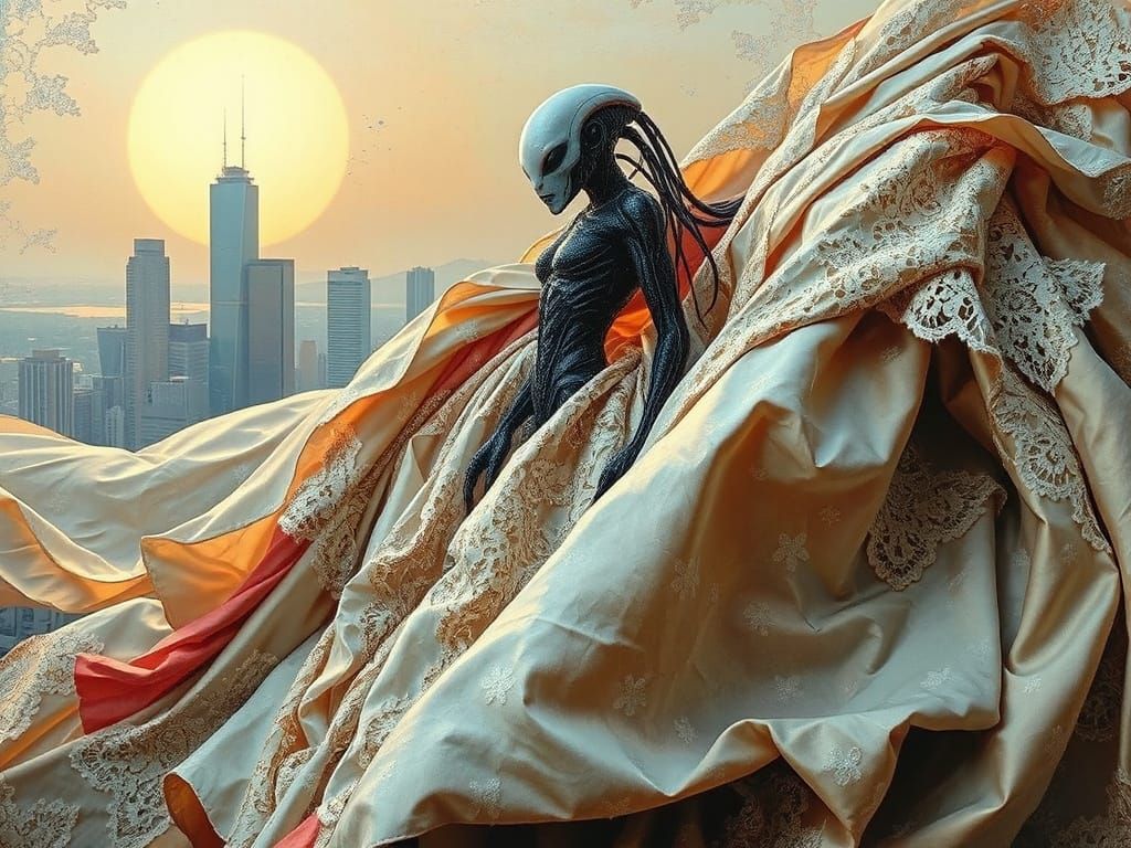 Cyborg Alien Emerging from Fabric: Mixed Media Impasto Paint...