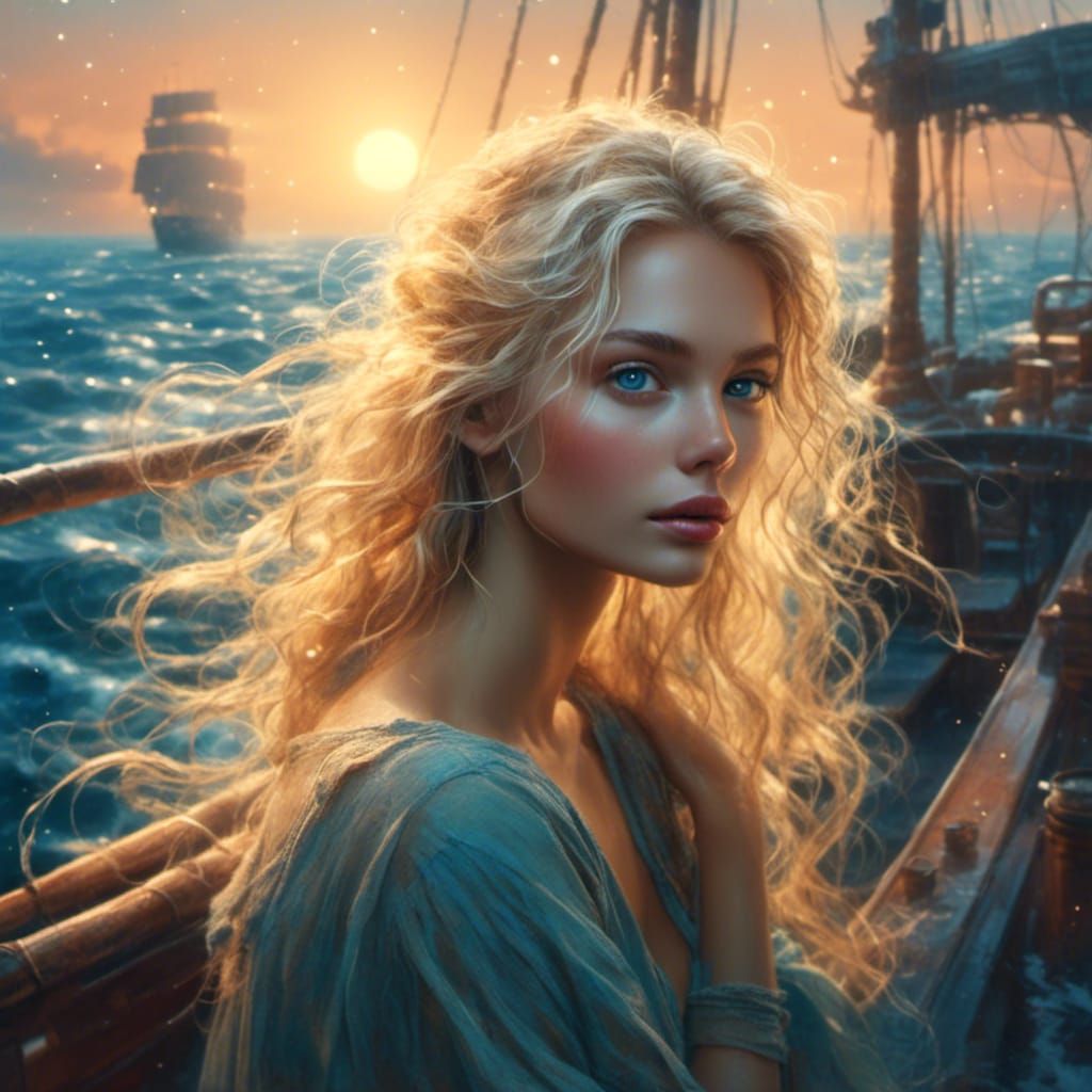 Romantic Surreal Portrait of Blonde on Ship at Sea