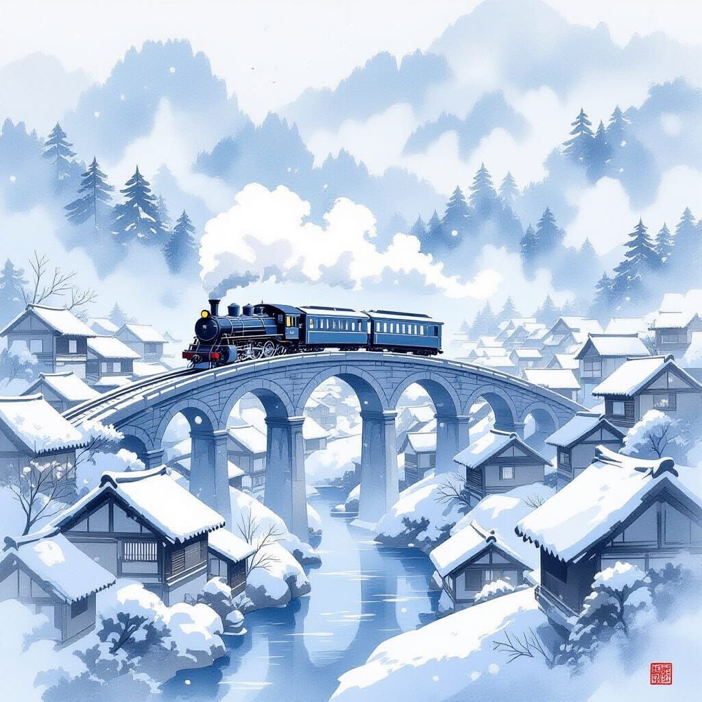 Sumi-e Train Crossing Aqueduct in Snowy Japanese Village