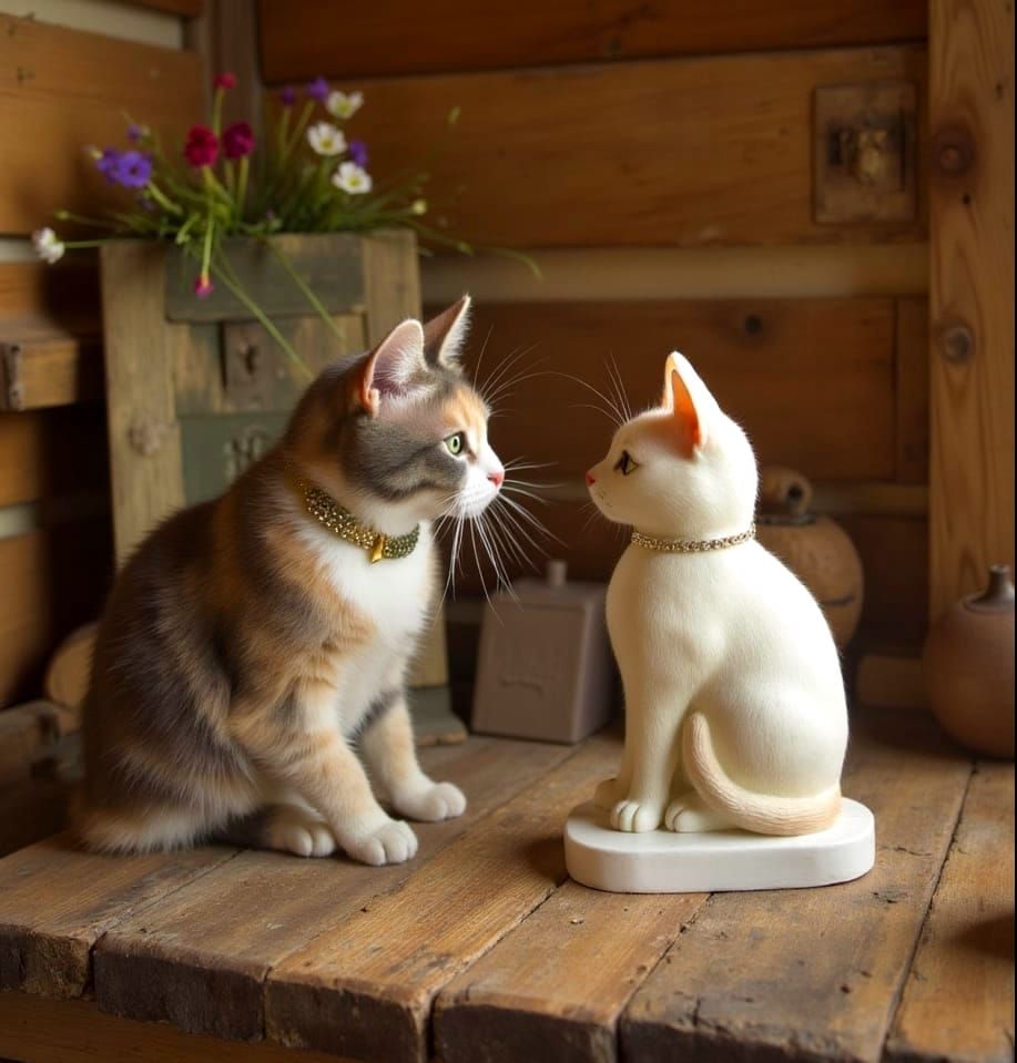 Tiny Pearl Cat Gazes at Porcelain Twin