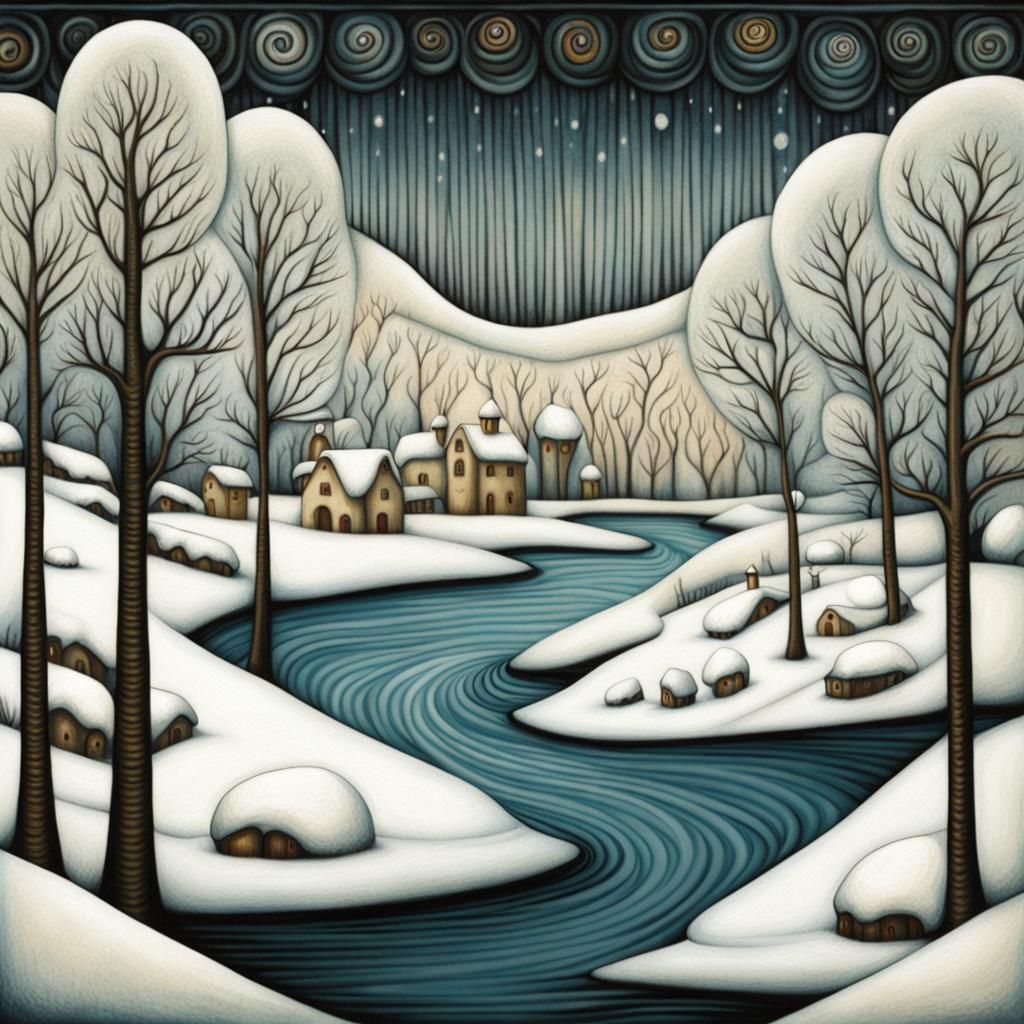 Snowy Riverscape in Art Brut Style