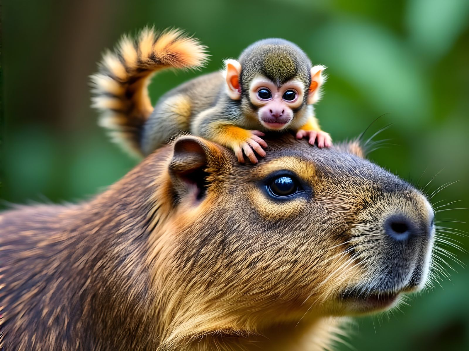 Tiny Squirrel Monkey on Giant Capybara in Lush Greenery