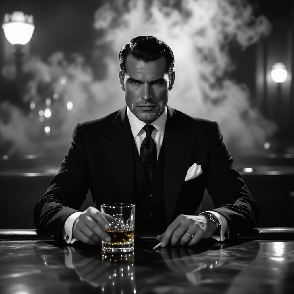 Brooding Man at Art Deco Bar in Film Noir Style