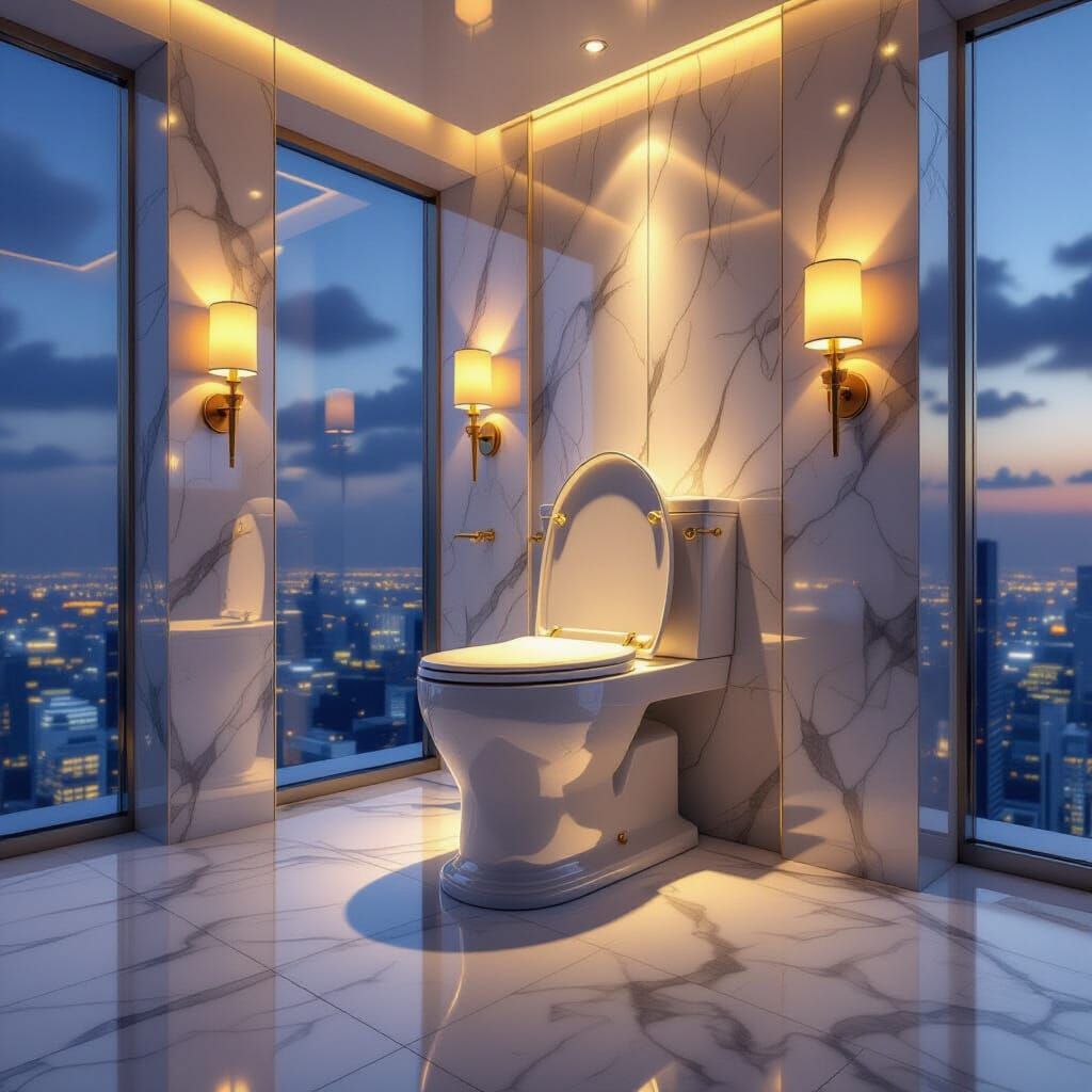 Luxury Toilet Pavilion on Skyscraper Rooftop at Night