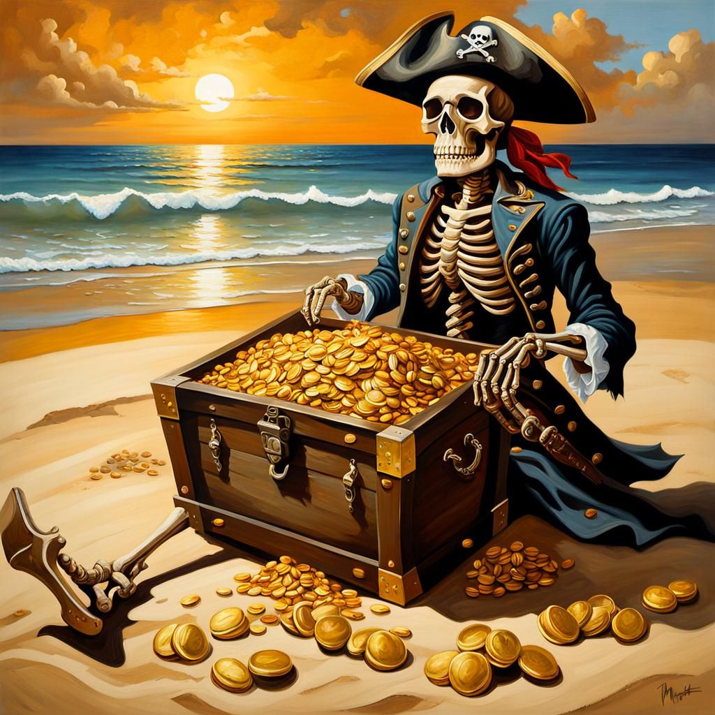 Skeleton Pirate Carries Treasure: A Baroque Oil Painting